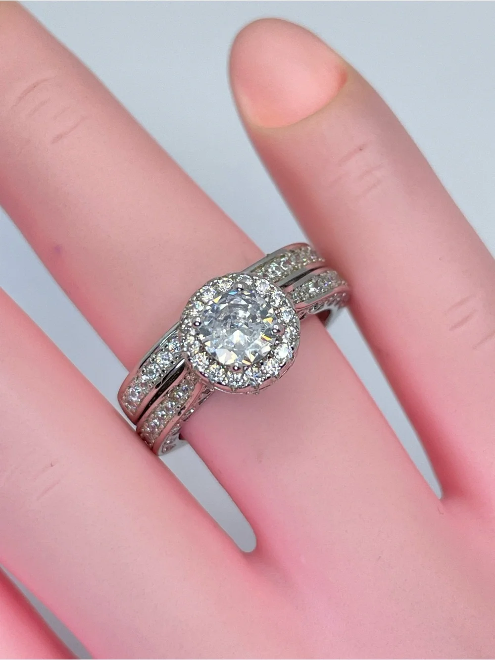 Sterling Silver CZ Halo Engagement Ring Set Two Separate Bands New